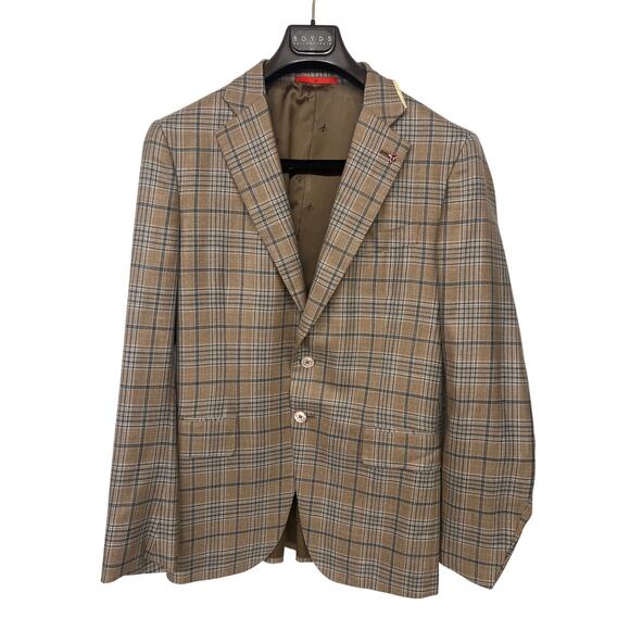 New Isaia 40R  eu 50 tan base Gregory spot coat plaid check print wool cashmere